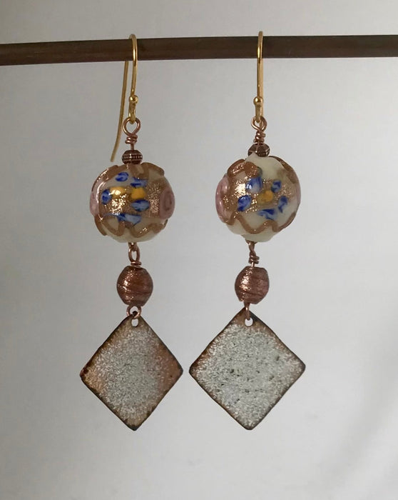 Unique earrings with Murano glass-beads and enameled copper