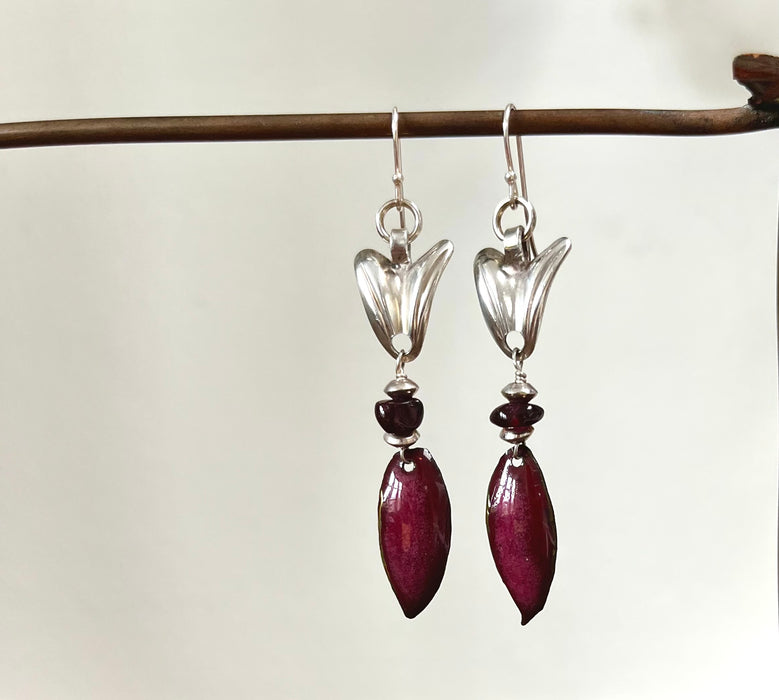 Sterling silver earrings with small garnets and enamel pendant