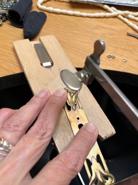Earrings with Czech Art Deco glass beads and up-cycled brass pendant.