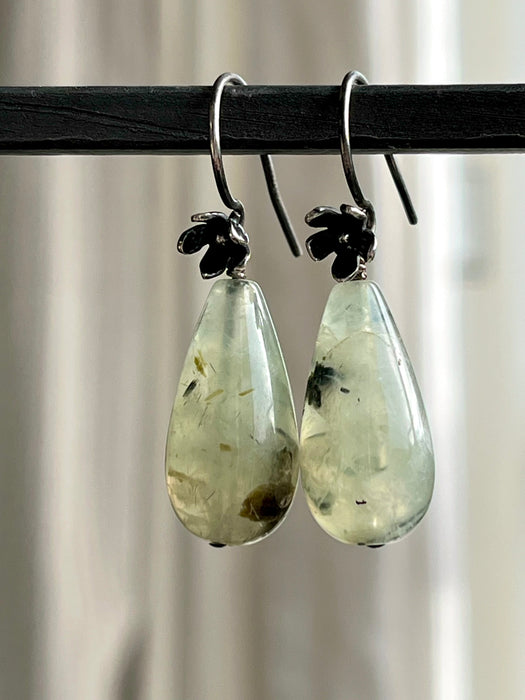 Sterling earring with natural Prehnite/Tourmaline stone