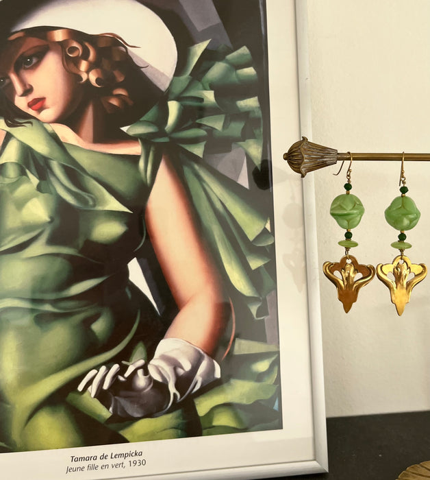 Earrings with Czech Art Deco glass beads and up-cycled brass pendant.