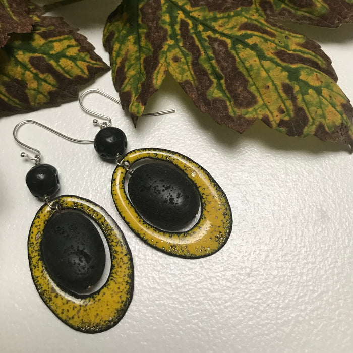 Lava bead earrings and enameled copper discs