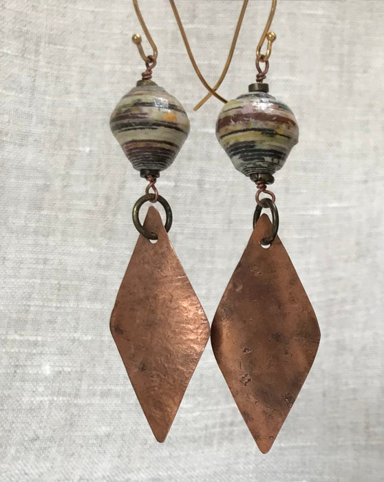 Handmade copper earrings with fair-trade African paper beads