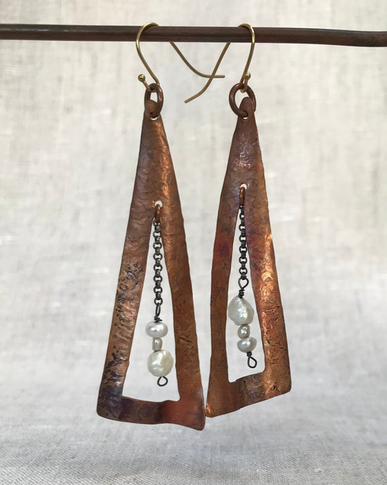 Handmade copper triangles with freshwater pearls