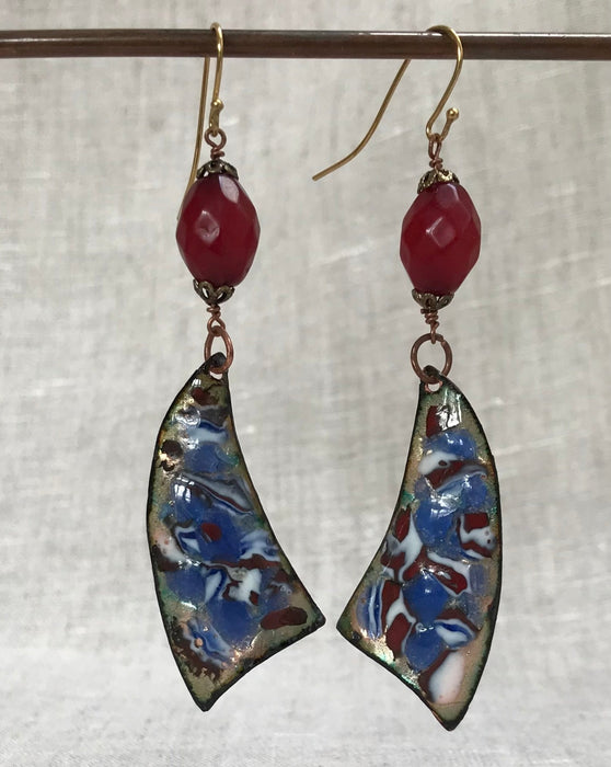 Enameled copper earrings with maroon Italian glass beads